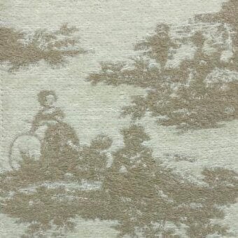 Beige fabric swatch with repeating pastoral scene pattern, silhouetted figures, trees, and foliage in a monochromatic design; textured woven material.